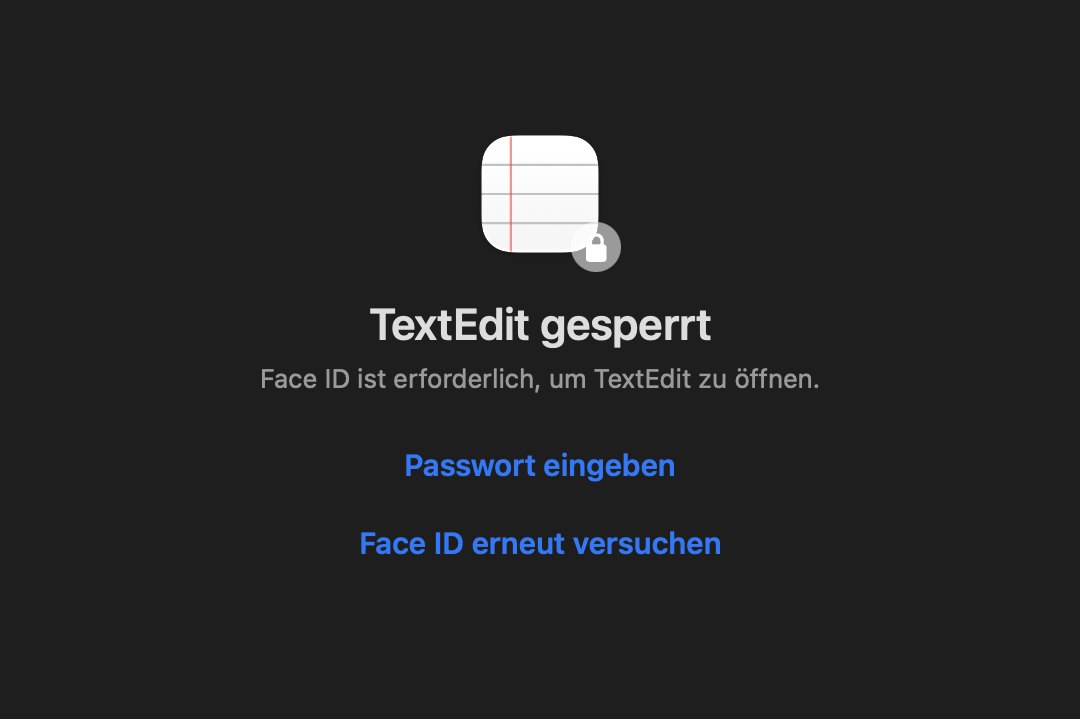 FaceLock-Sperrbildschirm über einem gesperrten TextEdit-Fenster mit App-Symbol und Schloss, „TextEdit gesperrt“ sowie den Tasten „Passwort eingeben“ und „Face ID erneut versuchen“