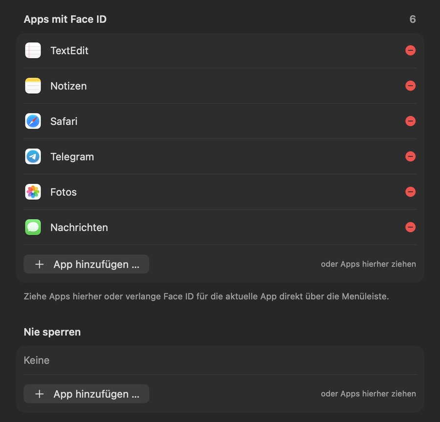Liste „Apps mit Face ID“ in den FaceLock-Einstellungen (TextEdit, Notizen, Safari, Telegram, Fotos, Nachrichten) und die Liste „Nie sperren“