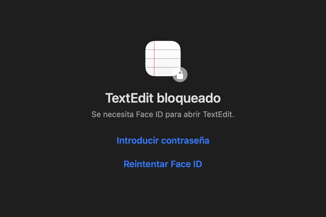 Pantalla de bloqueo de FaceLock sobre una ventana bloqueada de TextEdit, con el icono de la app y un candado, “TextEdit bloqueado” y los botones Introducir contraseña y Reintentar Face ID
