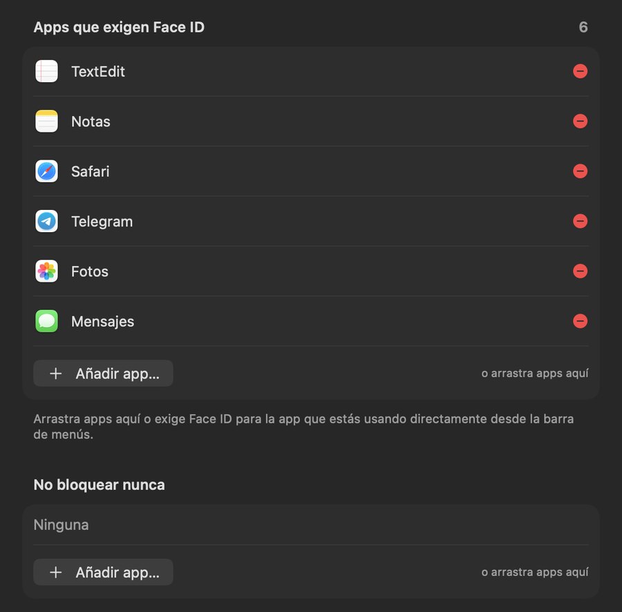 Lista “Apps que exigen Face ID” en los ajustes de FaceLock (TextEdit, Notas, Safari, Telegram, Fotos, Mensajes) y lista “No bloquear nunca”