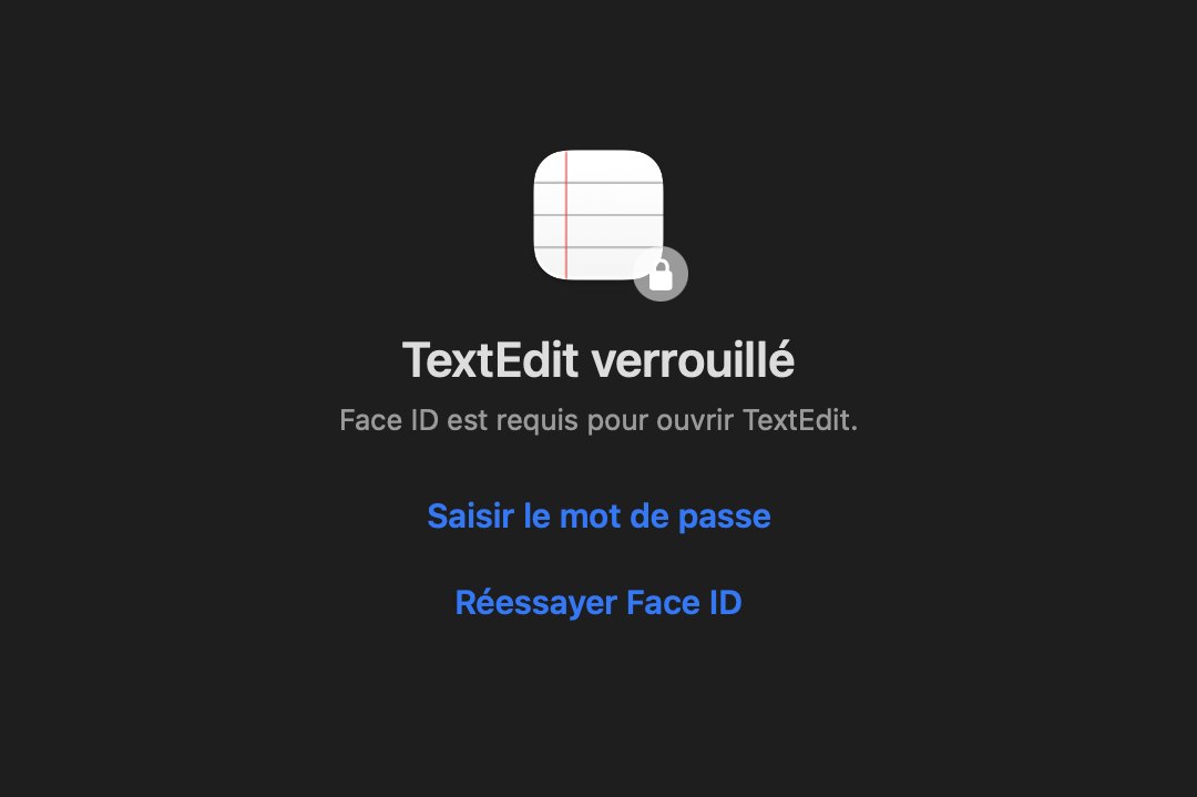 Écran de verrouillage FaceLock sur une fenêtre TextEdit verrouillée, avec l’icône de l’app et un cadenas, « TextEdit verrouillé » et les boutons Saisir le mot de passe et Réessayer Face ID