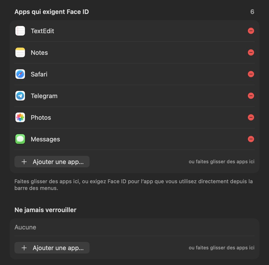Liste « Apps qui exigent Face ID » dans les réglages de FaceLock (TextEdit, Notes, Safari, Telegram, Photos, Messages) et liste « Ne jamais verrouiller »
